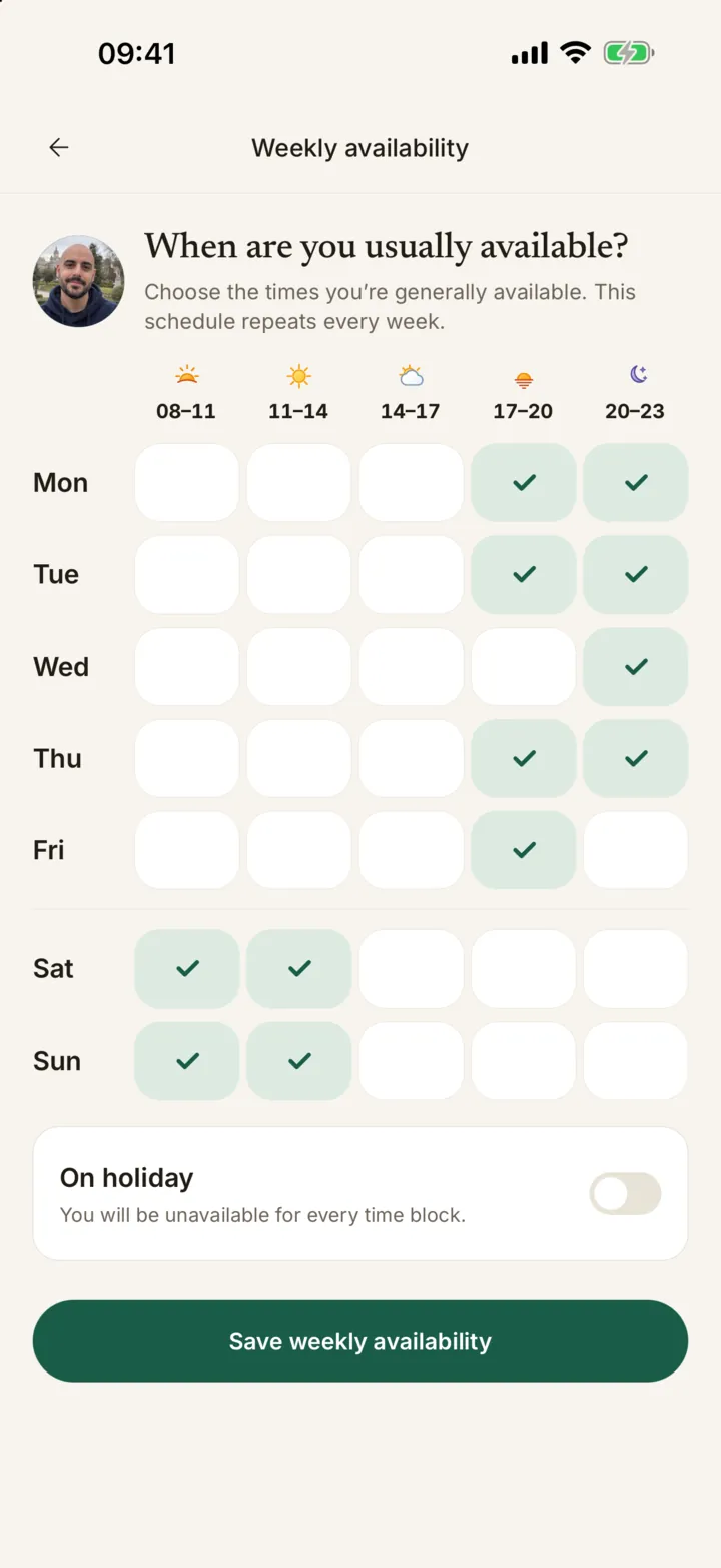 The weekly availability grid with weekday evenings and weekend mornings ticked