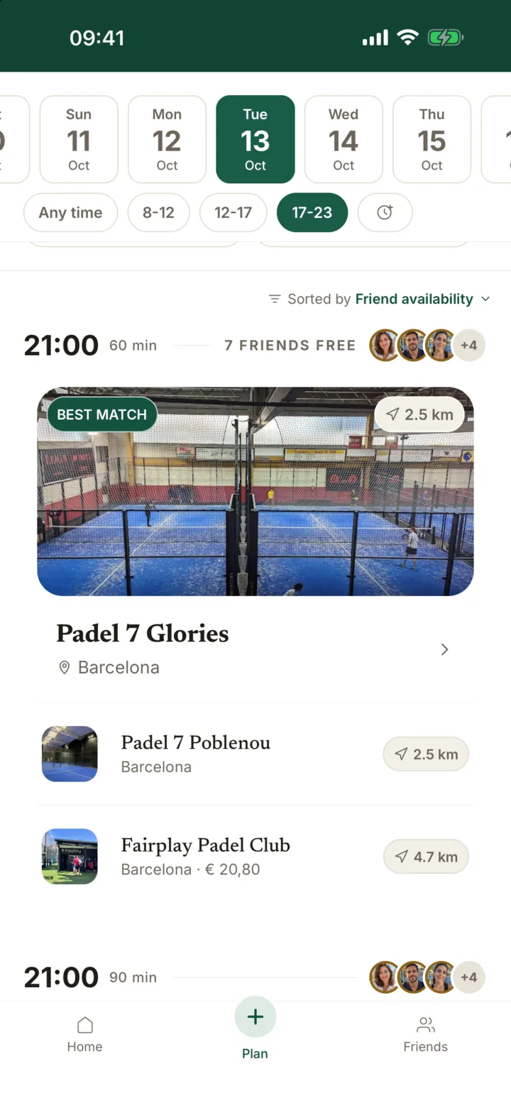 Courts in Barcelona from several booking platforms, sorted by friend availability