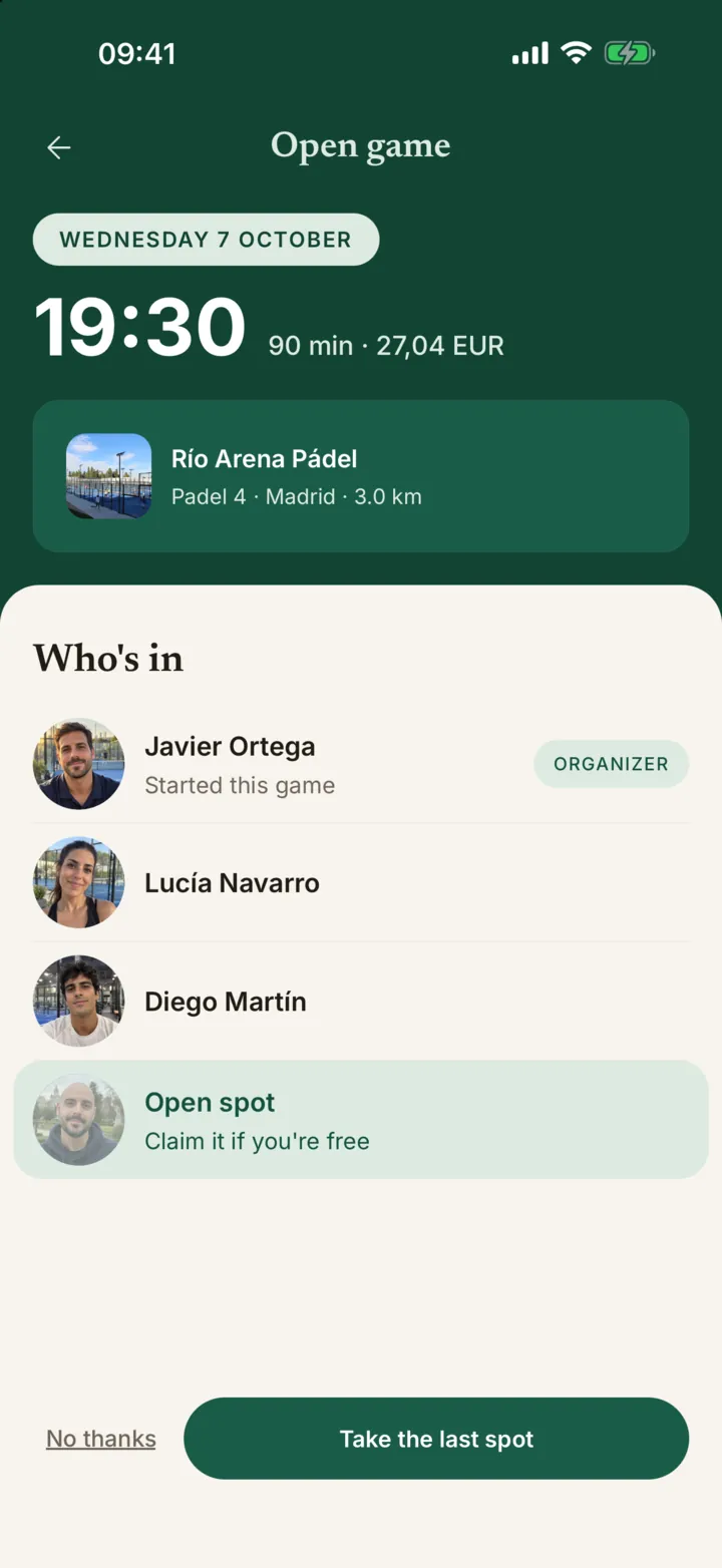 An open game at 19:30 with three players in and one open spot