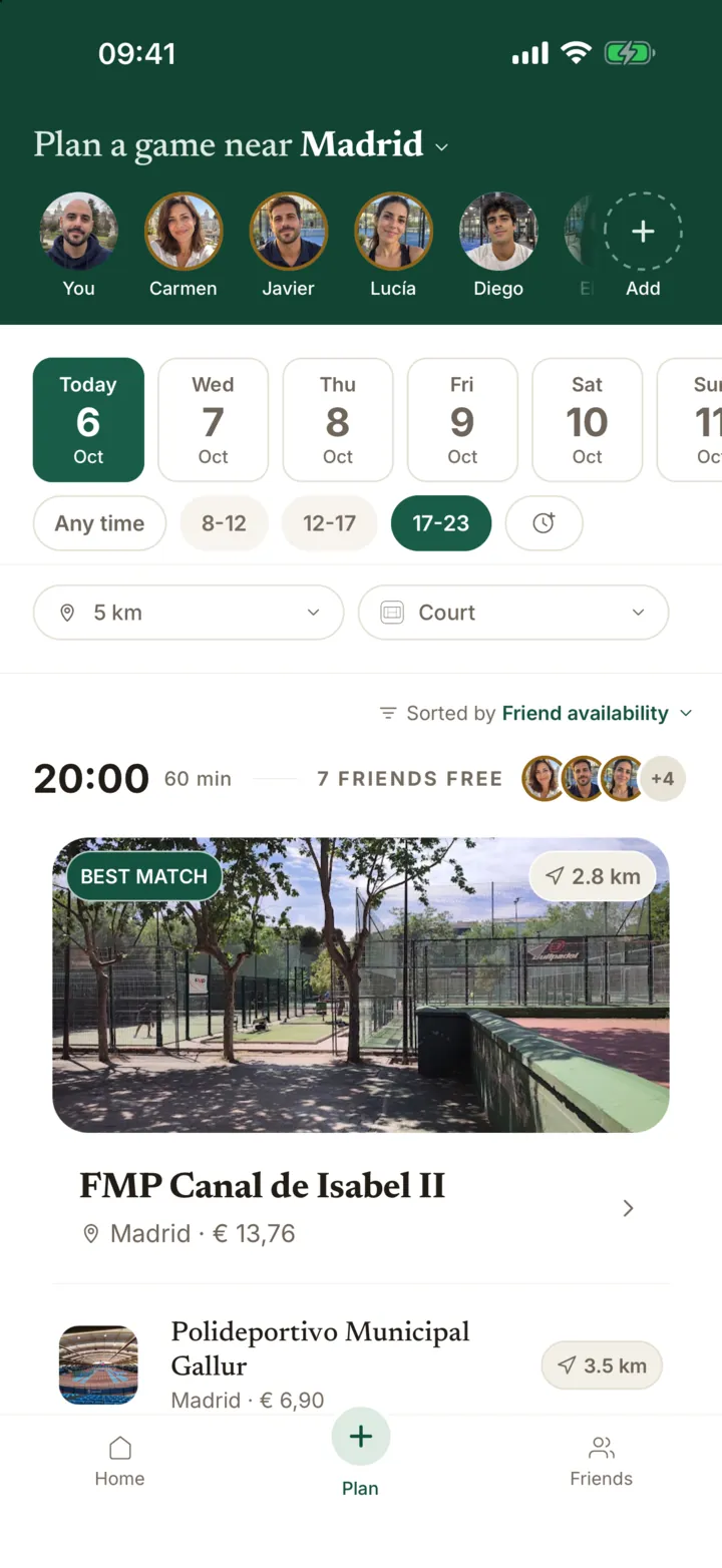 The Plan tab showing seven friends free at 20:00 and the best-matching court in Madrid